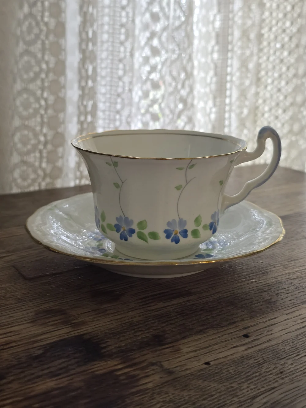 Vintage Adderley Lawley England White, Blue, Gold Bone China Teacup & Saucer Set